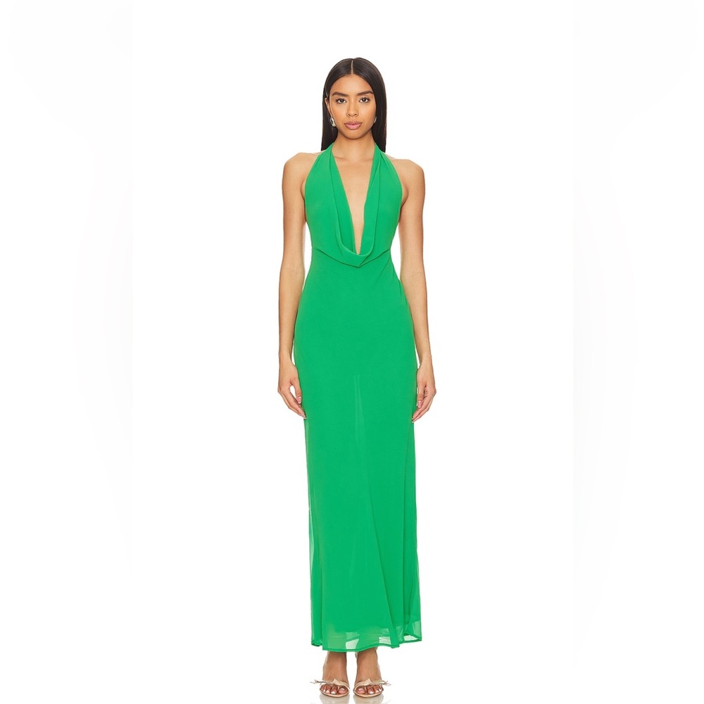 Green Halter Plunge Backless Gown